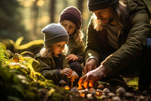 Family Exploring The Forest Together, Searching For And Discovering Mushrooms Amidst The Trees Generative AI