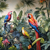 Fototapeta Sypialnia - pattern with tropical plants and birds. parrots, palm leaves and tropical flowers.