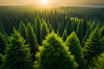 Looking up at the green tops of trees