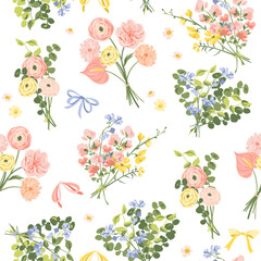  Vector Pretty Floral Bouquets Seamless Pattern on White Background