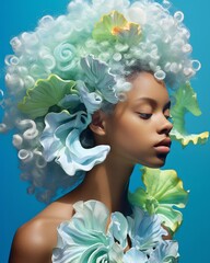 Wall Mural - This surreal portrait captures a beautiful and futuristic woman with white and green hair adorned with flowers and funky jewelry, creating a mesmerizing work of art that evokes nature and fashion