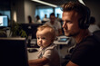 © zaschnaus - Man works in an open plan office and brings his baby to work. Family friendly concept of child care in modern company. Criticism of the lack of kindergarten places. Generative AI