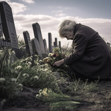 An Old Woman Lays Flowers On Her Deceased Husband's Grave In A Cemetery. Generative AI