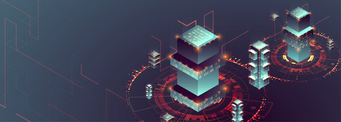 Smart city. Isometric big data concept, database.  Abstract technology background.