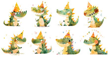 Cute Crocodile Character With Birthday Party Hat. Set Of Watercolor Cartoon Illustration. Generative AI