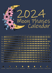 Wall Mural - Beautiful 2024 Moon Phases Calendar. Northern Hemisphere lunar calendar design template.  Astrological, astronomical moonlight activity scheduler.  Month cycle planner mockup. Magical colors vector.