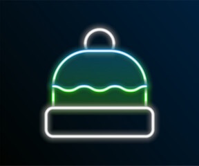 Poster - Glowing neon line Beanie hat icon isolated on black background. Colorful outline concept. Vector