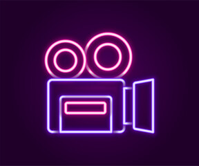 Poster - Glowing neon line Retro cinema camera icon isolated on black background. Video camera. Movie sign. Film projector. Colorful outline concept. Vector