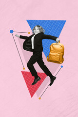 Poster - Vertical composite design collage template of funky kid schoolboy run with rucksack back to college studying isolated on pink background