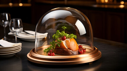 Stainless steel cap with food on a served table in a restaurant.