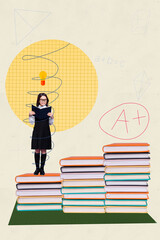 Poster - Collage picture of diligent positive smiling girl study reading materials a grade best mark idea learn more isolated on yellow background