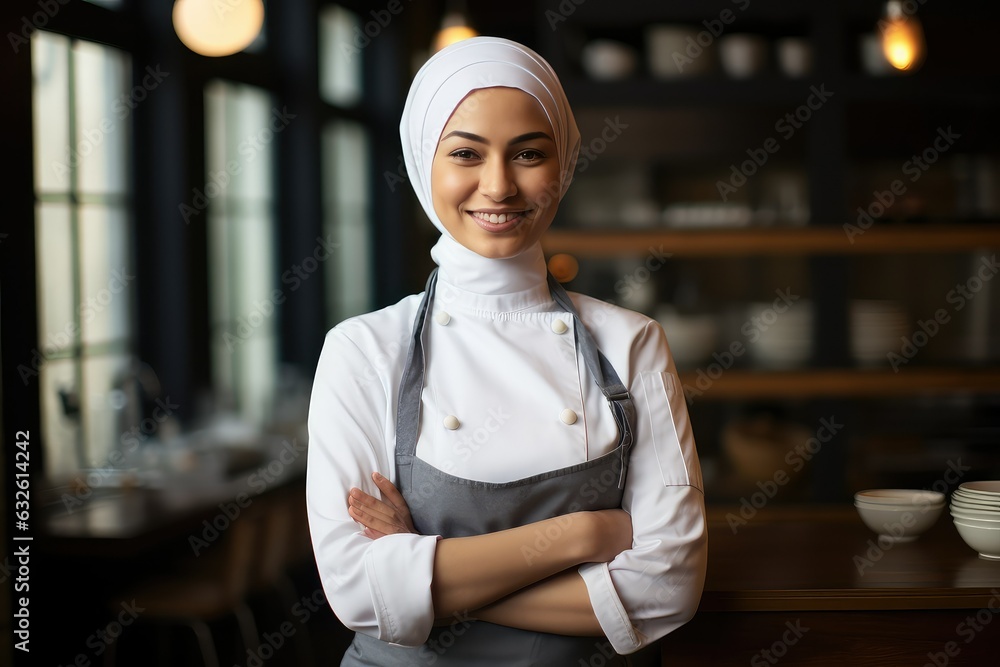 Muslim Hijabi Chef smiling at the camera, Minority Muslim ...