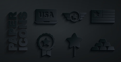 Wall Mural - Set Balloon, American flag, Medal with star, Gold bars, Star military and USA laptop icon. Vector