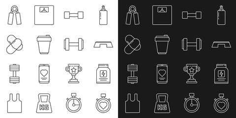 Sticker - Set line Heart in the center stopwatch, Sports nutrition, Step platform, Dumbbell, Fitness shaker, expander and icon. Vector