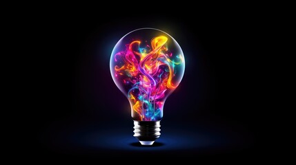 Wall Mural - lightbulb idea concept with colorful liquidof splashing unique creative idea on black background, ge