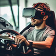 © suthiwan - young man play virtual reality game wear VR glasses and explore alternative reality. Cyber space and virtual gaming, Playing with videogames joystick.