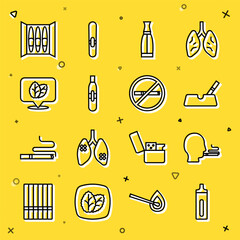 Sticker - Set line Electronic cigarette, Man smoking, Ashtray with, Vape liquid bottle, Tobacco leaf, Cigar and No icon. Vector