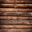 Dark wooden log wall. Brown wood log wall texture, natural background. Sideways Stacked Logs