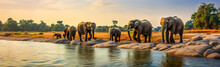 Family Of African Elephant, Loxodonta Africana, .walking And Drinking