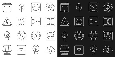 Poster - Set line Cloud and lightning, Electrical outlet, transformer, AC voltage source, High, Car battery and Switch electronic circuit icon. Vector