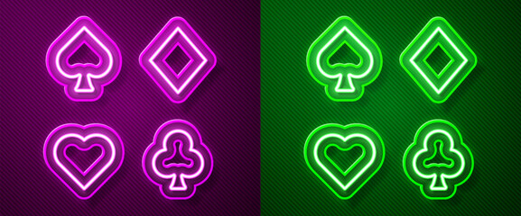 Poster - Glowing neon line Deck of playing cards icon isolated on purple and green background. Casino gambling. Vector