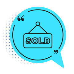 Sticker - Black line Hanging sign with text Sold icon isolated on white background. Auction sold. Sold signboard. Bidding concept. Auction competition. Blue speech bubble symbol. Vector