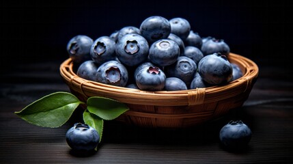 Wall Mural - Freshly picked blueberries in wooden bowl. Juicy and fresh blueberries with green leaves on rustic table. Bilberry on wooden Background. AI generative.