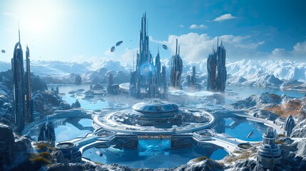 Wall Mural - blue habitat: expedition to explore and survive in space colony facility on uninhabited planet. gene