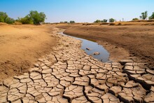 Dry Riverbed In Summer Heat: Cracked Ground With Water Leftovers And Green Plants On Sides In Arid Environmental Conditions: Generative AI
