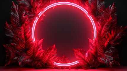 Canvas Print - Light red circular neon light with tropical leaves. AI generative.