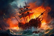 Sinking Pirate Ship In The Midst Of Battle. Dramatic Water Disaster With Canons Firing And Flames Rising To The Sky: Generative AI