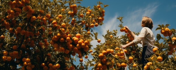 Wall Mural - Person picking oranges from tree. AI generative.