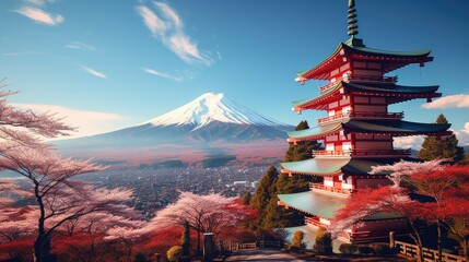 chureito pagoda with mt fuji japan behind colorful autumn trees and cherry blossoms scenic dramatic beautiful nature temple landmark generative AI