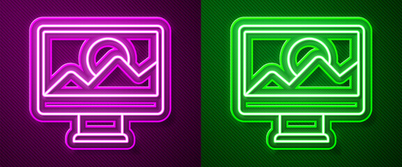 Sticker - Glowing neon line Photo retouching icon isolated on purple and green background. Photographer, photography, retouch icon. Vector