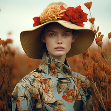 A Young Woman Stands In A Vibrant Autumn Landscape, Her Head Adorned With A Stylish Hat And A Delicate Bouquet Of Flowers, Embodying The Beauty Of The Season And The Power Of Fashion