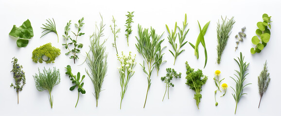 Green leaves on white background as botanical frame flatlay, eco design and spring nature flat lay concept