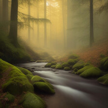 Misty Scene Of A Stream Running Through A Forest.  Generative AI