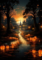 Wall Mural - A painting of a halloween scene with pumpkins. AI.