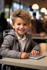 Wall Mural - A little boy sitting at a table with a tablet. AI.