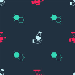 Sticker - Set Telescope, Test tube and Chemical formula on seamless pattern. Vector