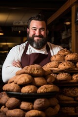 Canvas Print - A man standing in front of a pile of cookies. AI.