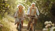 © Tanuha - Happy mature couple riding bicycles in park. Active lifestyle.