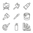 Vector set of icons related to drawing and brushes. Paint bucket symbol, palette, easel, paint roller in lineart style. Editable stroke.