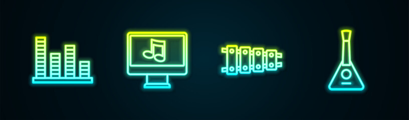 Canvas Print - Set line Music equalizer, Computer with music note, Xylophone and Balalaika. Glowing neon icon. Vector