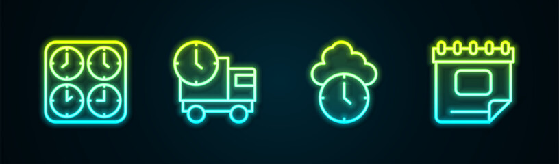 Wall Mural - Set line Time zone clocks, Delivery truck and time, Clock and Calendar. Glowing neon icon. Vector