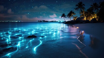 magical bioluminescent waves sparkle glow maldives islands night reflecting stars generative AI