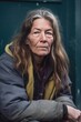 a portrait of a homeless woman sitting outside