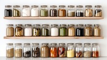 Shelves Of Glass Spice Jars In Pantry Isolated On White  Generative AI