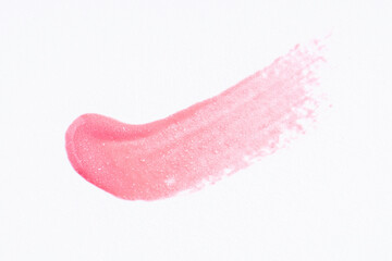 Canvas Print - Light glitter pink paint swatch on white paper background. Pink swatch of lip gloss, cosmetic product stroke gouache, oil paint texture, cosmetic or beauty product texture.