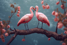 A Pair Of Flaminggo Birds Perched On A Tree Branch